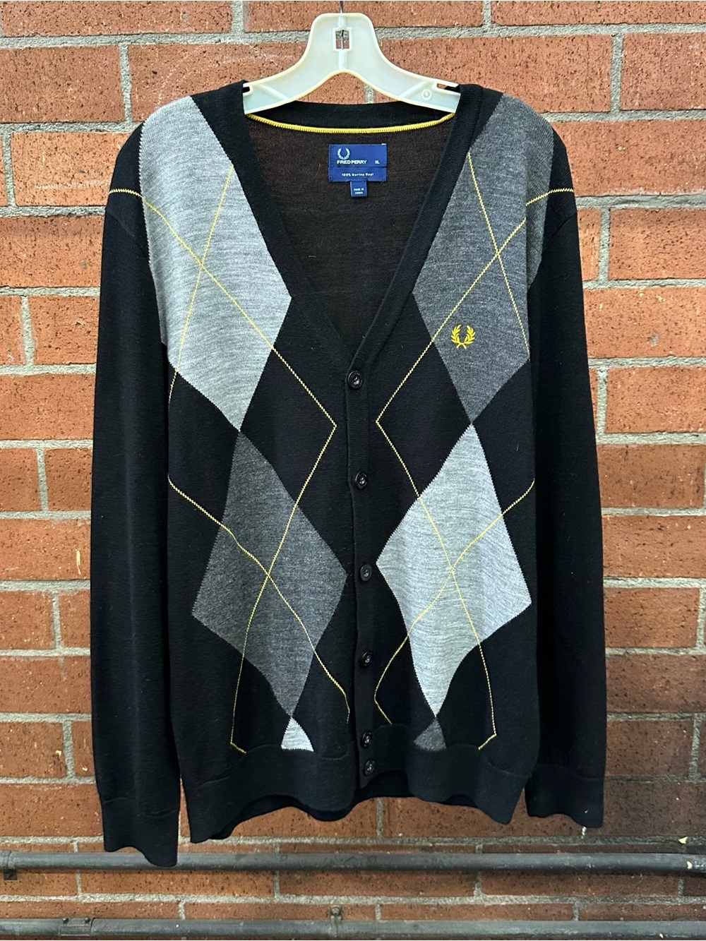 Fred Perry Black Argyle V-Neck Button Cardigan - Black/Grey